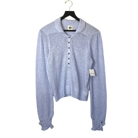 Free People Snowdrift Blue Open Weave Crochet Frill Cuff Collar Sweater - Picture 2 of 8